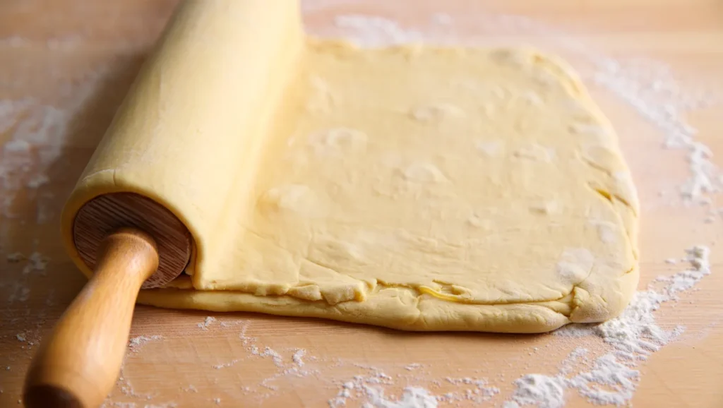 Une pâte feuilletée rapide dorée et croustillante, sortie du four, avec des couches parfaitement feuilletées visibles sur les bords. Servie en rectangle ou en cercle, elle est décorée de légumes frais, de sucre glace pour une version sucrée, ou simplement présentée nue pour mettre en avant sa texture légère et aérée. Un plan de travail propre avec des ingrédients comme de la farine, du beurre froid et un rouleau à pâtisserie est visible en arrière-plan, ajoutant une ambiance rustique et invitante.