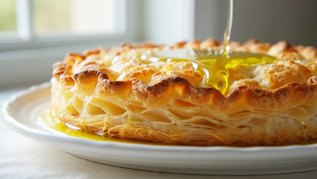 Une pâte feuilletée rapide dorée et croustillante, sortie du four, avec des couches parfaitement feuilletées visibles sur les bords. Servie en rectangle ou en cercle, elle est décorée de légumes frais, de sucre glace pour une version sucrée, ou simplement présentée nue pour mettre en avant sa texture légère et aérée. Un plan de travail propre avec des ingrédients comme de la farine, du beurre froid et un rouleau à pâtisserie est visible en arrière-plan, ajoutant une ambiance rustique et invitante.