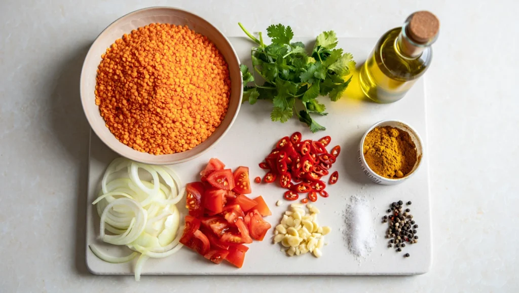 Un bol en céramique rempli de lentilles corail au curry, d’un orange vif et appétissant, parsemé de coriandre fraîche et accompagné de quartiers de citron. Les lentilles sont légèrement brillantes grâce à une touche d’huile d’olive, avec des morceaux de légumes ou d’épices visibles pour ajouter du contraste. En arrière-plan, un plateau en bois avec des naans ou du riz basmati, idéal pour accompagner ce plat réconfortant.