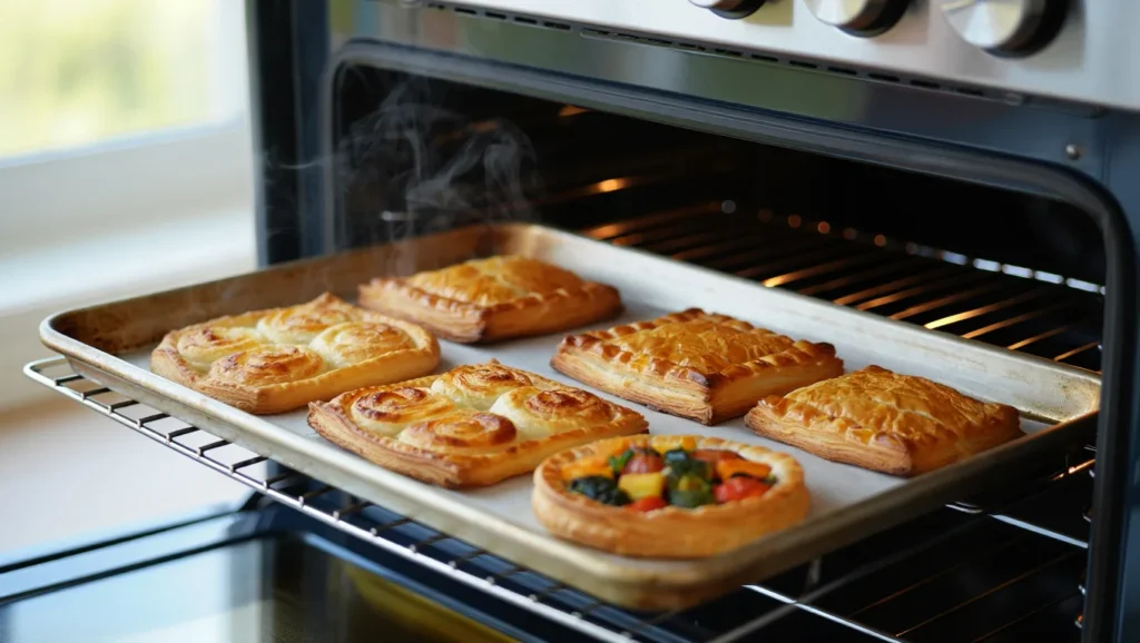 Une pâte feuilletée rapide dorée et croustillante, sortie du four, avec des couches parfaitement feuilletées visibles sur les bords. Servie en rectangle ou en cercle, elle est décorée de légumes frais, de sucre glace pour une version sucrée, ou simplement présentée nue pour mettre en avant sa texture légère et aérée. Un plan de travail propre avec des ingrédients comme de la farine, du beurre froid et un rouleau à pâtisserie est visible en arrière-plan, ajoutant une ambiance rustique et invitante.