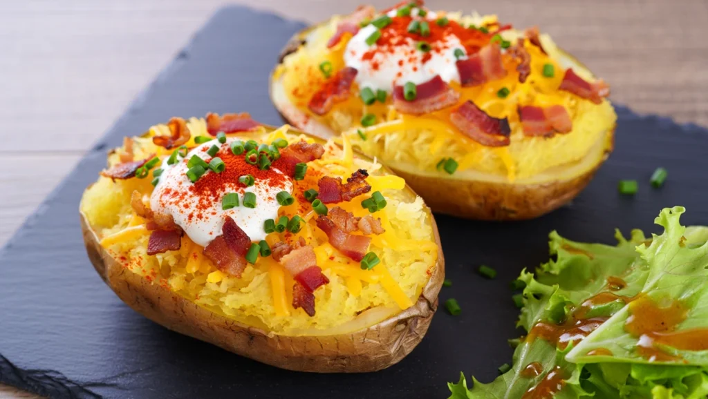 pomme de terreau four dorées et croustillantes, servies dans une assiette blanche avec une texture fondante à l’intérieur. Les pommes de terre sont parsemées d’herbes de Provence fraîches et accompagnées d’une cuillerée de crème fraîche épaisse sur le dessus. En arrière-plan, une planche en bois avec des ingrédients comme du romarin, de l’huile d’olive et du gros sel ajoute une touche rustique et invitante