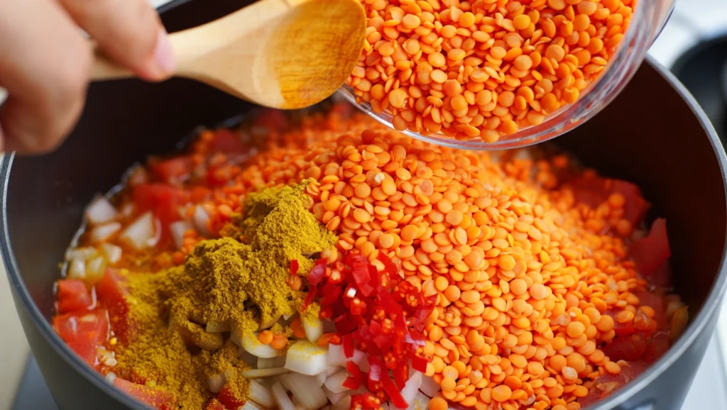 Un bol en céramique rempli de lentilles corail au curry, d’un orange vif et appétissant, parsemé de coriandre fraîche et accompagné de quartiers de citron. Les lentilles sont légèrement brillantes grâce à une touche d’huile d’olive, avec des morceaux de légumes ou d’épices visibles pour ajouter du contraste. En arrière-plan, un plateau en bois avec des naans ou du riz basmati, idéal pour accompagner ce plat réconfortant.