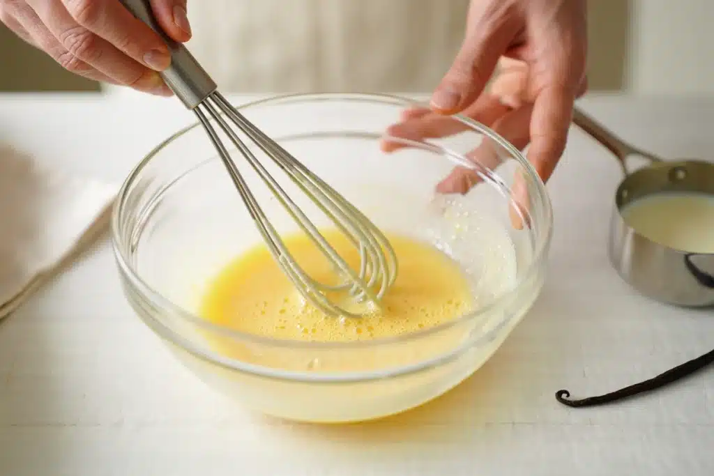 Recette crème anglaise maison : texture onctueuse, couleur dorée, servie dans une cruche en verre avec gousse de vanille et cuillère en bois, fond flou de cuisine chaleureuse