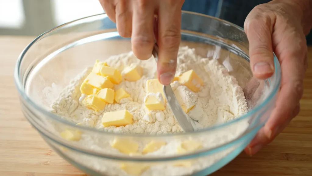 Une pâte feuilletée rapide dorée et croustillante, sortie du four, avec des couches parfaitement feuilletées visibles sur les bords. Servie en rectangle ou en cercle, elle est décorée de légumes frais, de sucre glace pour une version sucrée, ou simplement présentée nue pour mettre en avant sa texture légère et aérée. Un plan de travail propre avec des ingrédients comme de la farine, du beurre froid et un rouleau à pâtisserie est visible en arrière-plan, ajoutant une ambiance rustique et invitante.