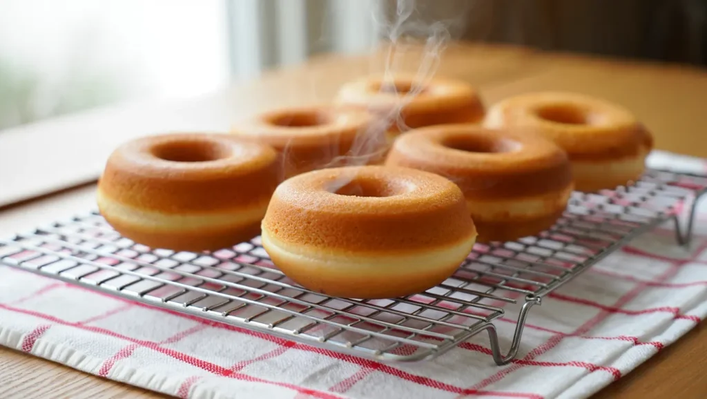 recette donuts moelleux et dorés cuits au four, décorés de glaçage coloré et parsemés de sprinkles. Servis sur une assiette blanche ou un plateau en bois, avec des touches créatives comme des copeaux de chocolat ou de la noix de coco râpée. Une texture légère et appétissante mise en valeur par une lumière douce.