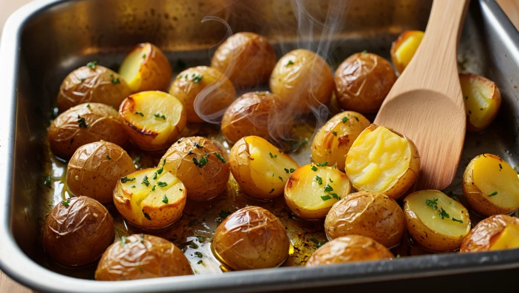 pomme de terreau four dorées et croustillantes, servies dans une assiette blanche avec une texture fondante à l’intérieur. Les pommes de terre sont parsemées d’herbes de Provence fraîches et accompagnées d’une cuillerée de crème fraîche épaisse sur le dessus. En arrière-plan, une planche en bois avec des ingrédients comme du romarin, de l’huile d’olive et du gros sel ajoute une touche rustique et invitante