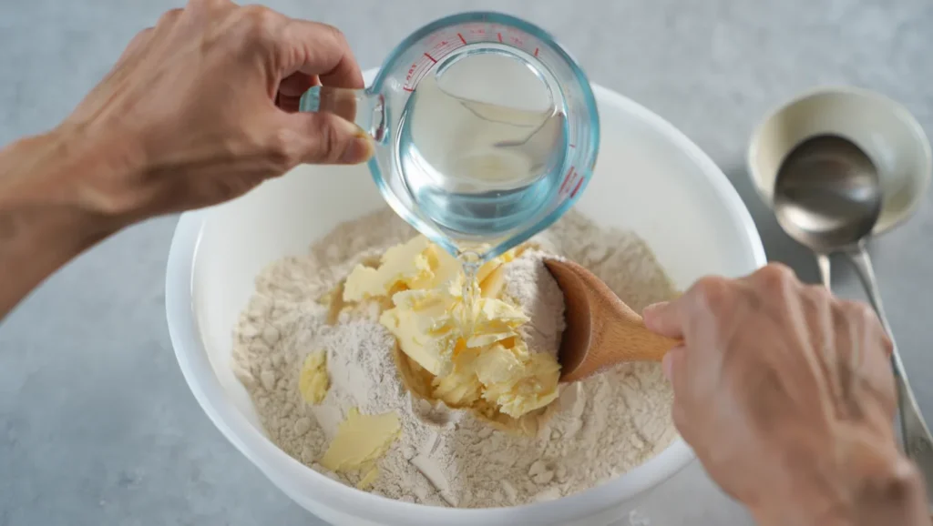 Une pâte feuilletée rapide dorée et croustillante, sortie du four, avec des couches parfaitement feuilletées visibles sur les bords. Servie en rectangle ou en cercle, elle est décorée de légumes frais, de sucre glace pour une version sucrée, ou simplement présentée nue pour mettre en avant sa texture légère et aérée. Un plan de travail propre avec des ingrédients comme de la farine, du beurre froid et un rouleau à pâtisserie est visible en arrière-plan, ajoutant une ambiance rustique et invitante.