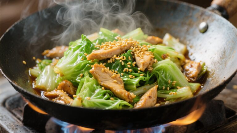 Wok de Chou Vert au Poulet, Soja et Sésame Doré